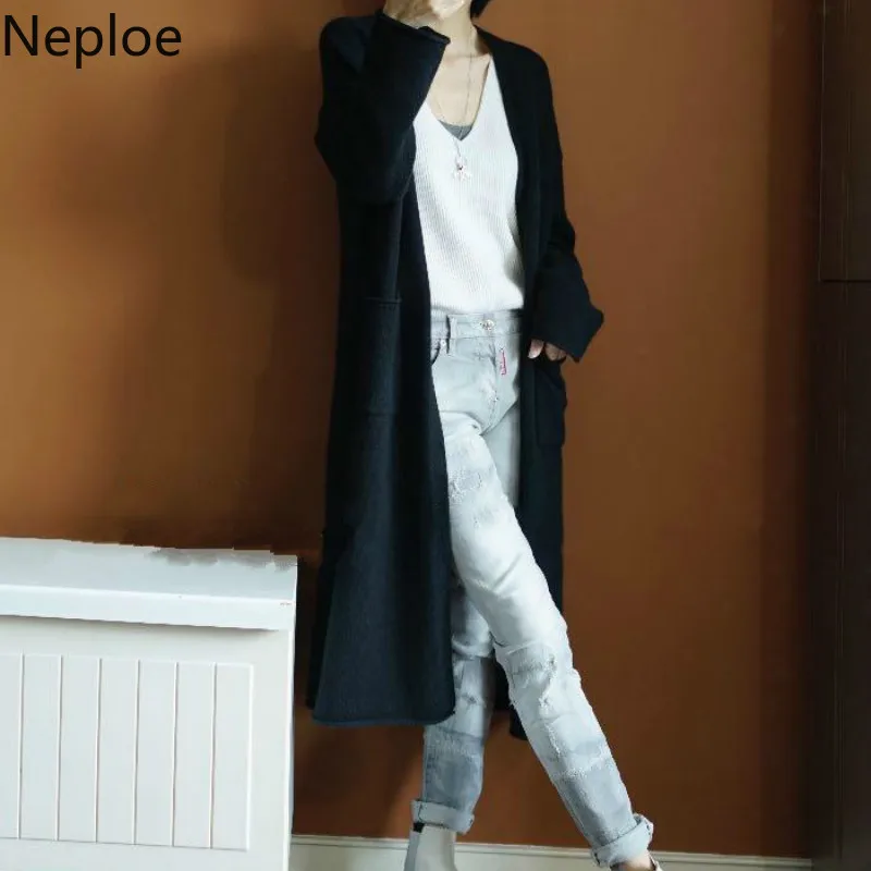 Neploe, корейский стиль, вязаный кардиган, женский свободный, плюс размер, v-образный вырез, длинный, открытый стежок, однотонный, шерсть, Pull Femme Hiver 45831