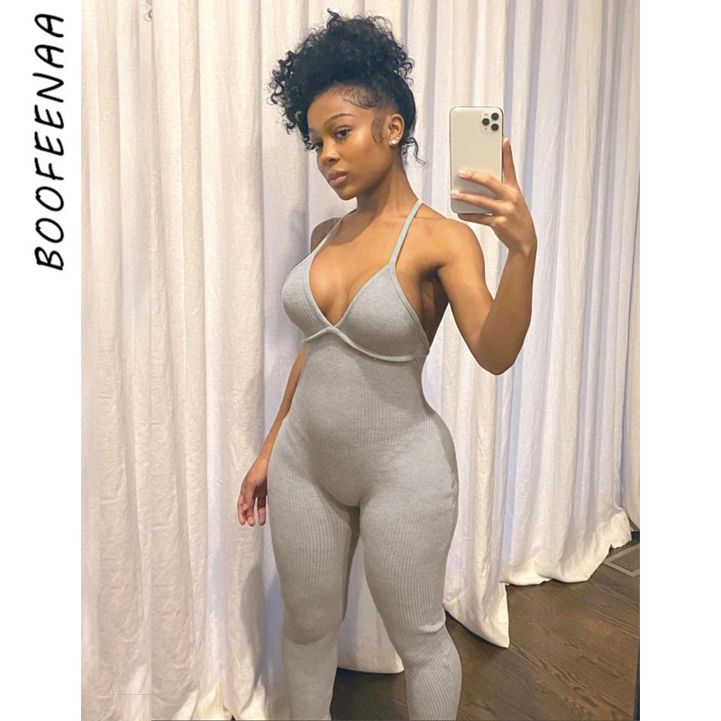 BOOFEENAA Comfy Grey Ribbed Knit One Piece Jumpsuit Women Fall 2021 Sexy Deep V Neck Backless Bodycon Romper C87-CZ20