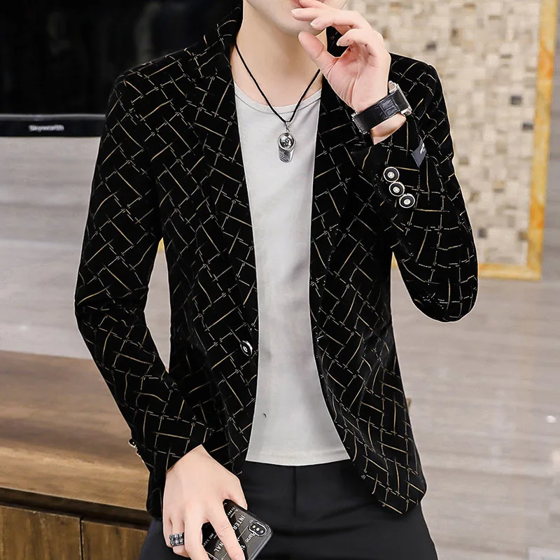 

HOO 2022 Men's New Autumn Printed Corduroy Suit Slim Fit Trendy Handsome Plaid blazer
