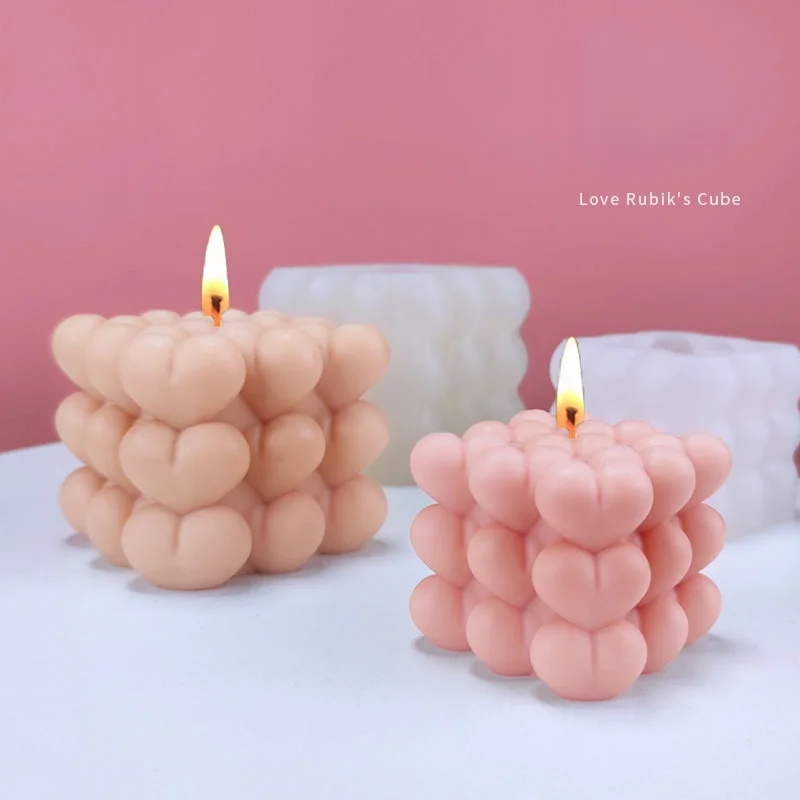 Molde de silicona con forma de cubo mágico para fabricación de velas, molde de resina con forma de corazón 3D para hacer Mousse, gelatina y jabón, regalos, decoración artesanal para el hogar