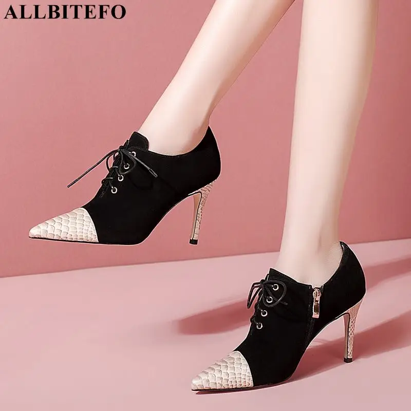

ALLBITEFO pointed toe soft sheepskin genuine leather women heels shoes fashion sexy high heel shoes high heels tacones mujer