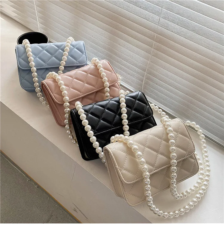 

2021 New Korean Version of High Quality Design Summer Rhombus Chain Pearl Portable Messenger Bag Popular Small Bag Female Bag