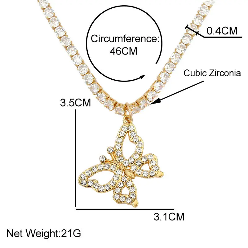 

Punk Retro Shiny Rhinestone Big Butterfly Pendant Tennis Chain Necklace for Woman Gold Silver Color Zircon Crystal Jewelry New