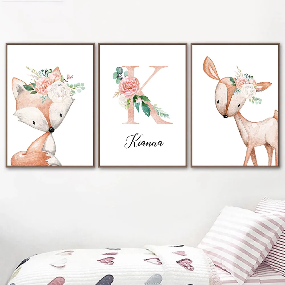 

Woodland Animal Canvas Print Girl's Custom Name Painting Fox Deer Nursery Wall Art Poster Nordic Pictures Baby Kids Room Decor