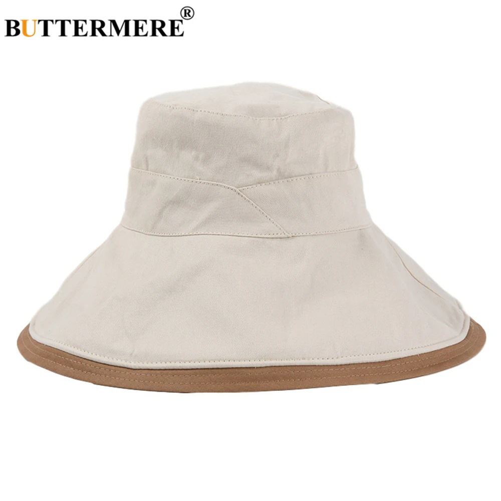 BUTTERMERE Double-sided Reversible Women Bucket Hat Cotton Black Wide Bim Sun Protection Caps for Ladies Solid Fisherman Hat