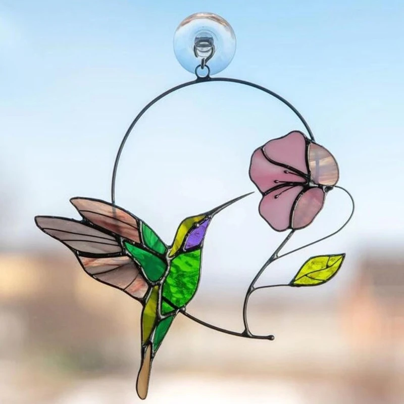 

Q0KF Multicolor Stained Birds Acrylic Window Wall Door Hanging Pendant Ornaments for Living Room Home Decorations