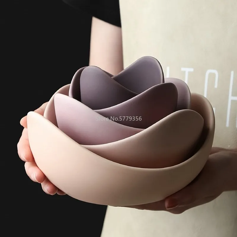 

Lotus Ceramic Bowl Dishes and Plates Sets Creative Fruit Plate Simple Zen Decor Storage Fruit 3/4/5pcs Set Ceramic Dinner Plates