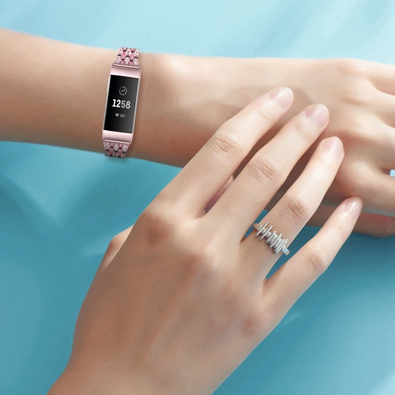 

2 Pcs Wristband for Fitbit Charge3 Five Beads Three Rows With Rhinestone Bands, Rose Pink & Silver-Black