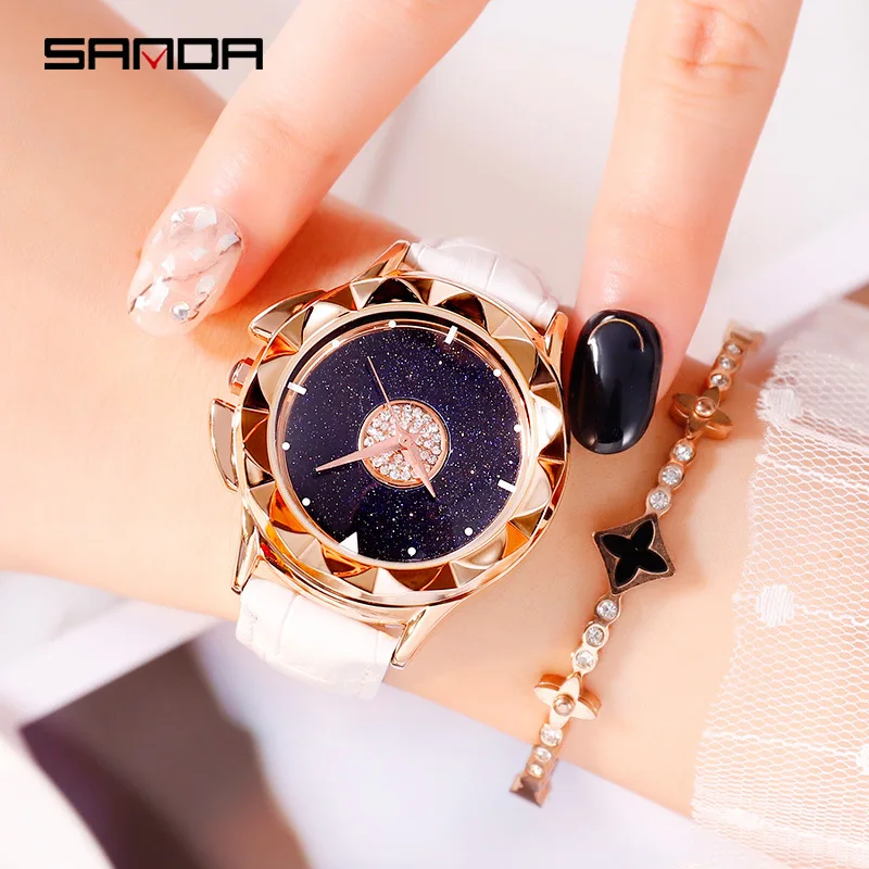 Sanda новые женские часы с ремешком модные трендовые кожа звездная звезда вращение
