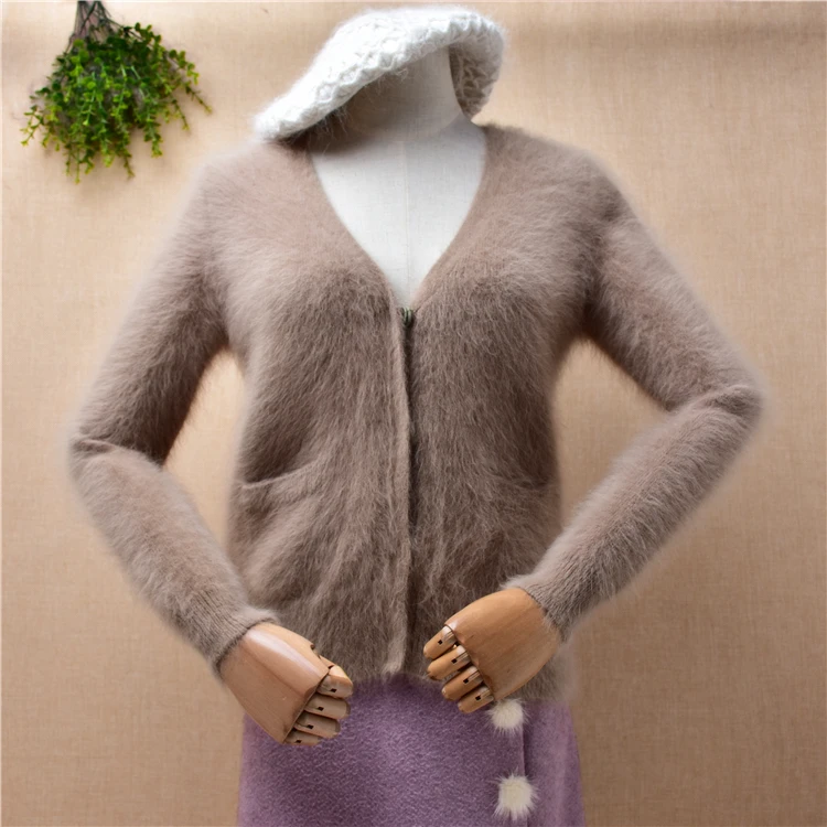 

ladies women autumn winter short style mink cashmere knitted v-neck long sleeves slim cardigan angora fur jacket coat sweater