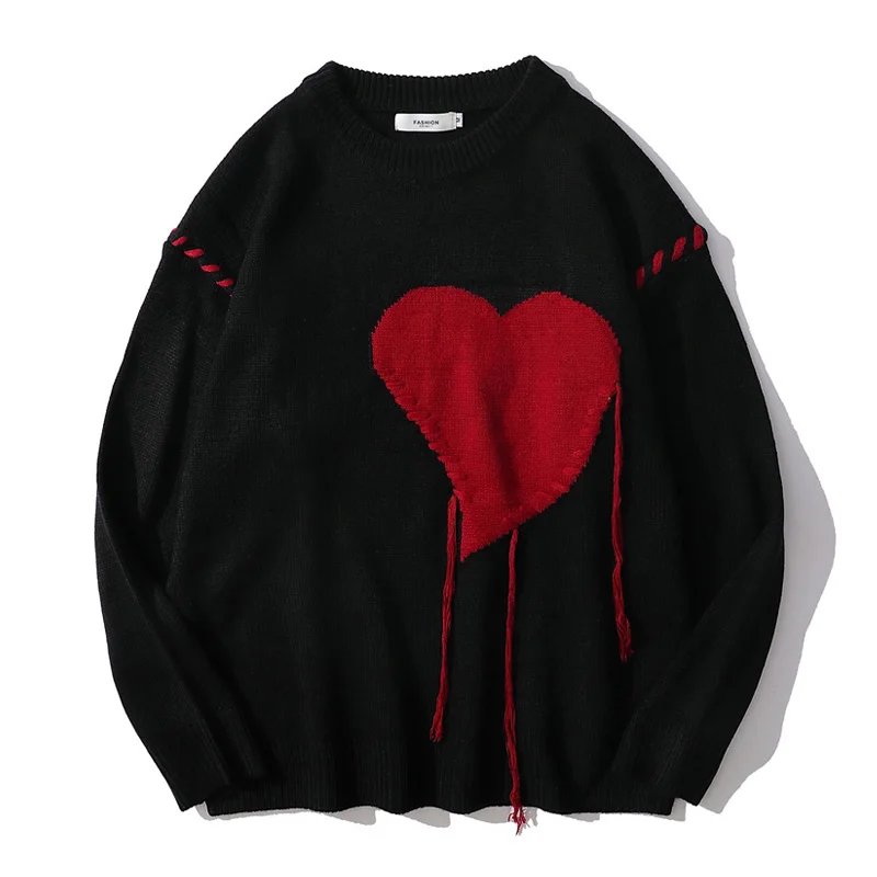 

Harajuku Love Pattern Sweater Men Autumn and Winter Hip Hop Letter Printed Black Red Tops Vintage Warm Couples Pullover