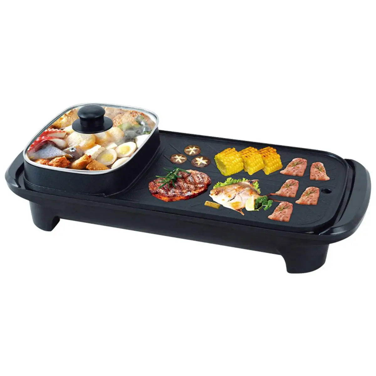 구매 2 인 1 220V 1300W 전기 냄비 오븐 무연 바베큐 기계 홈 바베큐 그릴, 실내 구운 고기 접시 플레이트 멀티 쿠커