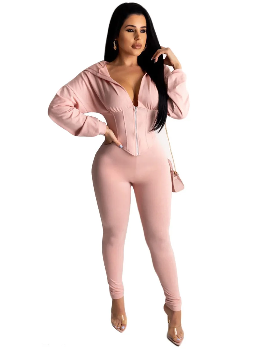 

Donsignet Women's Suit New Fashion Summer Temperament Hooded Collar Zipper Solid Color Sexy Sports Slim Two-piece Suit