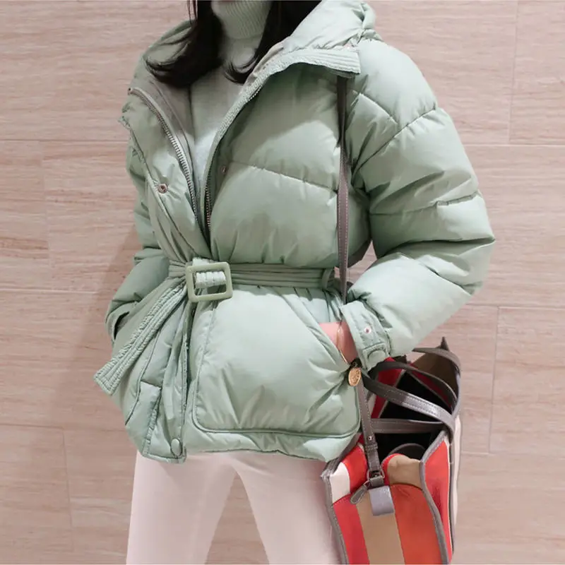 green coat Женская зимняя куртка с поясом модные парки с капюшоном Mujer зимние пальто пуховая хлопковая куртка женская верхняя одежда зимнее пальто для женщин C5883 - Цвет: green coat