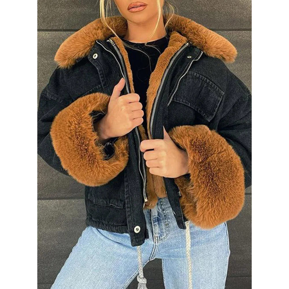 

2021 Fashion Women Fake Fur Denim Jacket Solid Patchwork Long Sleeve Thicken Distressed Lapel Casual Autumn Winter Ladies Jacket
