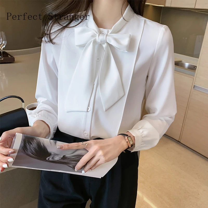 Женская шифоновая блузка с воротником-бантом и длинным рукавом весна-осень 2021