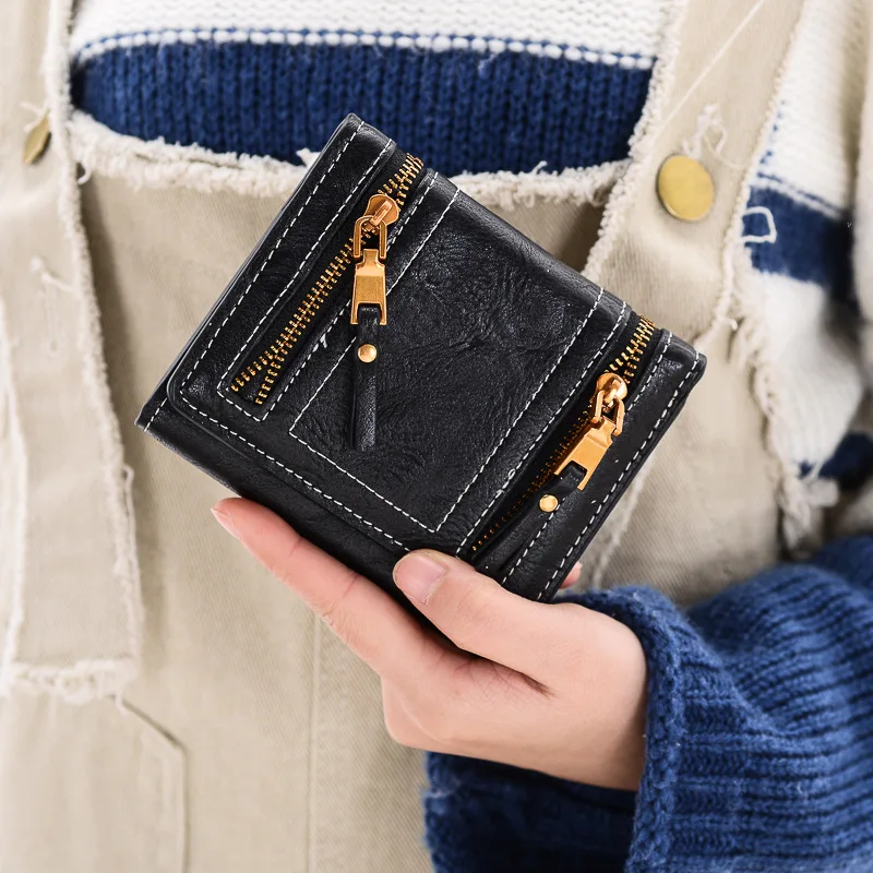 Женский винтажный кошелек модный короткий из вощеной кожи с двумя цепочками |