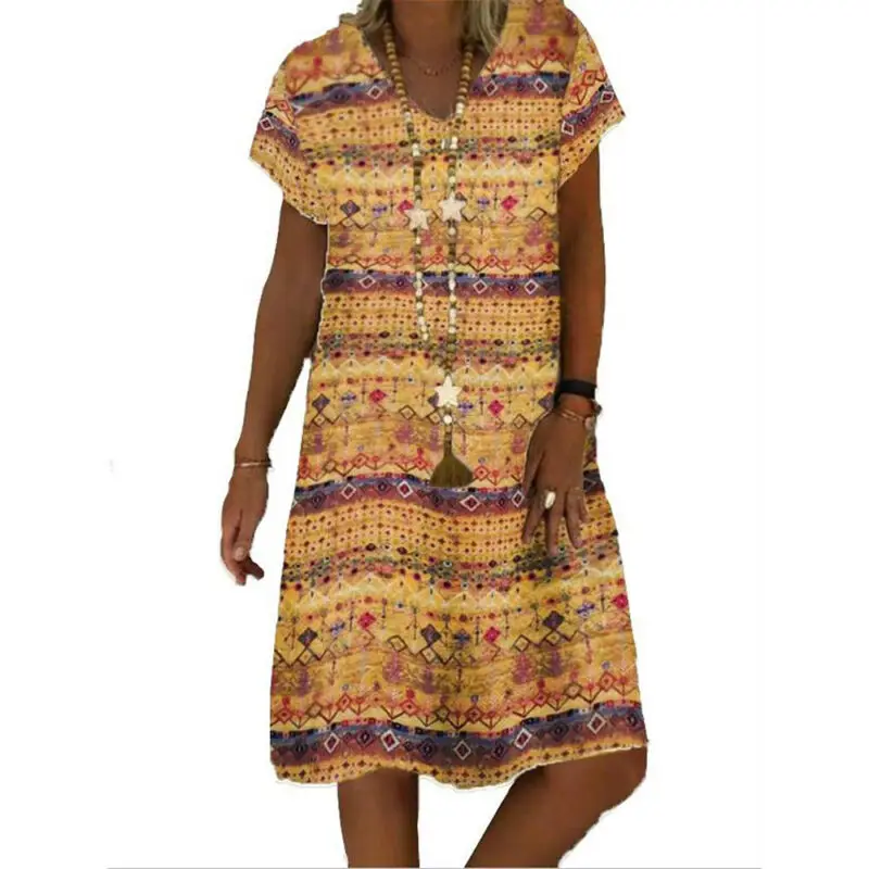 

Women Summer Printed Short Sleeve V Neck Dress Lady Holiday Beach Casual Dresses
