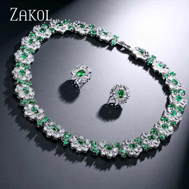 Green Изысканный 4 цвета, кубический цирконий, цветок, ожерелье, серьги, свадебные наборы для женщин, свадебный ужин, платье, ювелирные изделия, FSSP240 - Окраска металла: Green