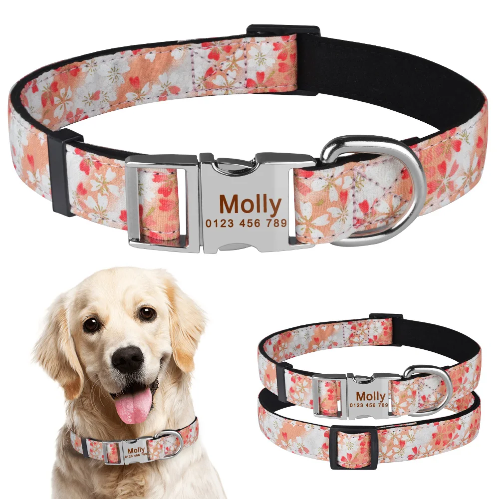 

AiruiDog Personalized Dog Collar Durable Nylon Floral Custom Engraved Dogs ID Name XS-L