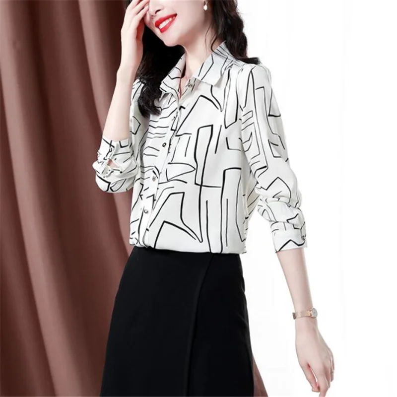 

Satin Print Women Blouses Fashion POLO collar Long-sleeve Button Up Female Blusas Mulberry Silk White OL Top Offce Ladies Shirt