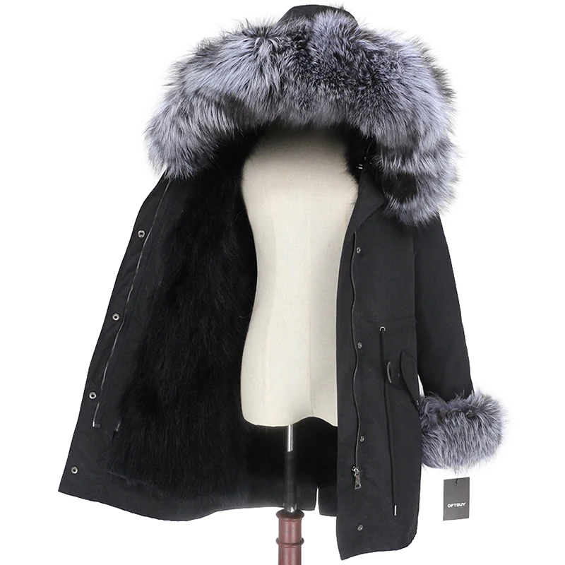 black silver DX Женская парка на натуральном меху OFTBUY, черное пальто с натуральным лисьим мехом, с капюшоном с отделкой из меха енота, толстая теплая уличная одежда, зима - Цвет: black silver DX