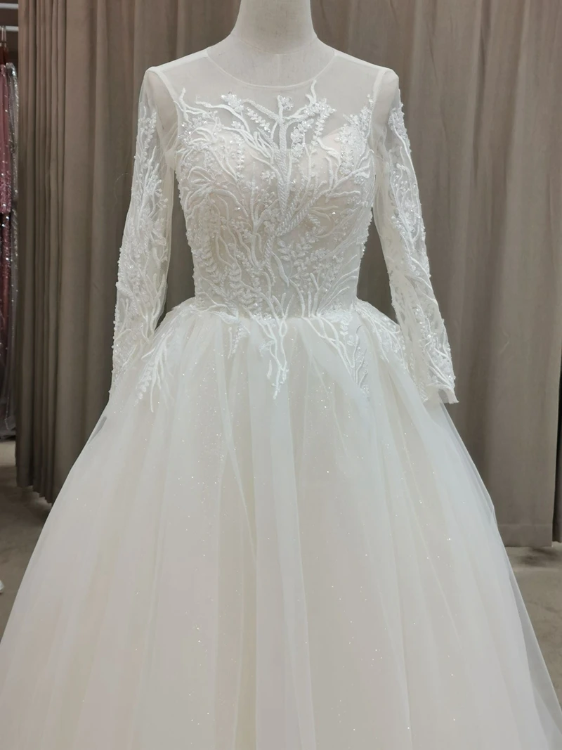 

Real Photos By FANWEIMEI Light Champagne Long Sleeve O-Neck Lace Shiny Fabric Illusion Wedding Dress Bride Gown