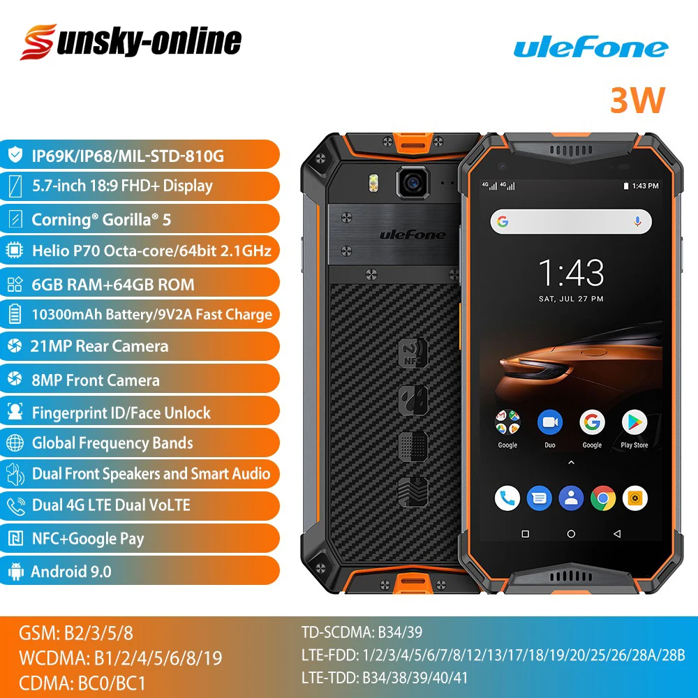 Ulefone Armor 3W IP68 водонепроницаемый смартфон 10300mAh 5," FHD+ Android 9,0 Octa 6GB+ 64GB глобальная Версия Мобильный телефон с двумя sim-картами
