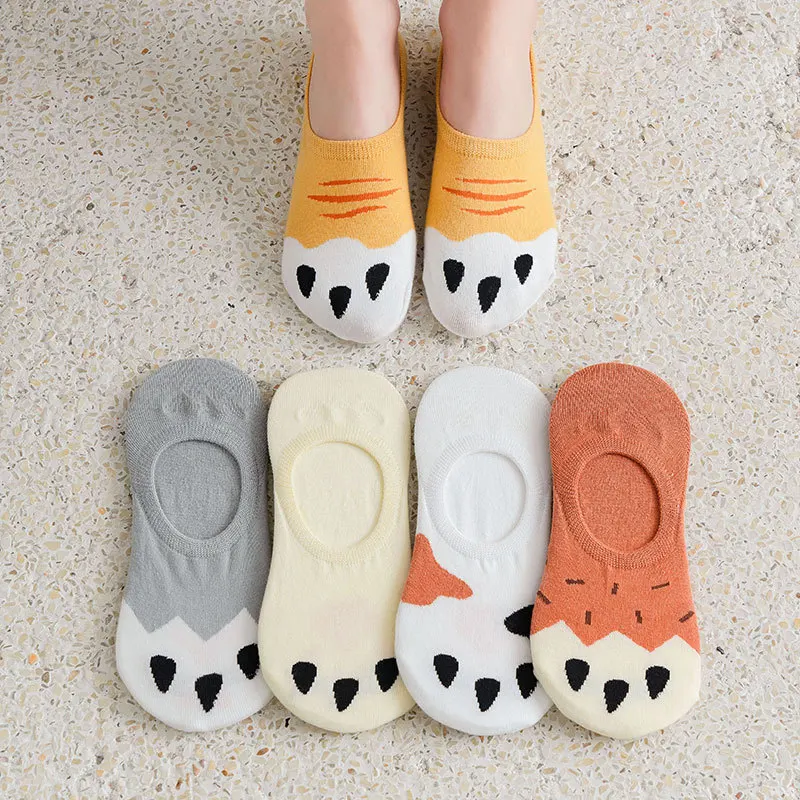

5 Pairs of 5 Colors Spring and Summer Cat Claw Short Socks Female Pure Cotton Cartoon Shallow Mouth Invisible Cute Breathable