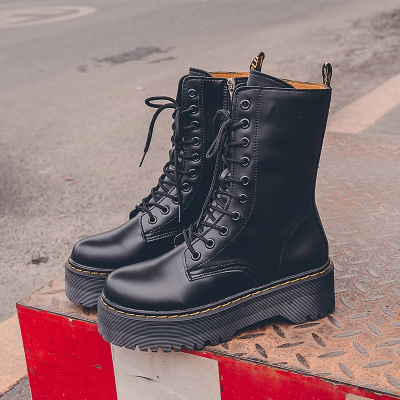 

2021 Winter Women Platform Boots Chunky Ankle Booties Female Leather Zipper Round Toe Boots Ladies Shoes Combat Boot Botas Mujer