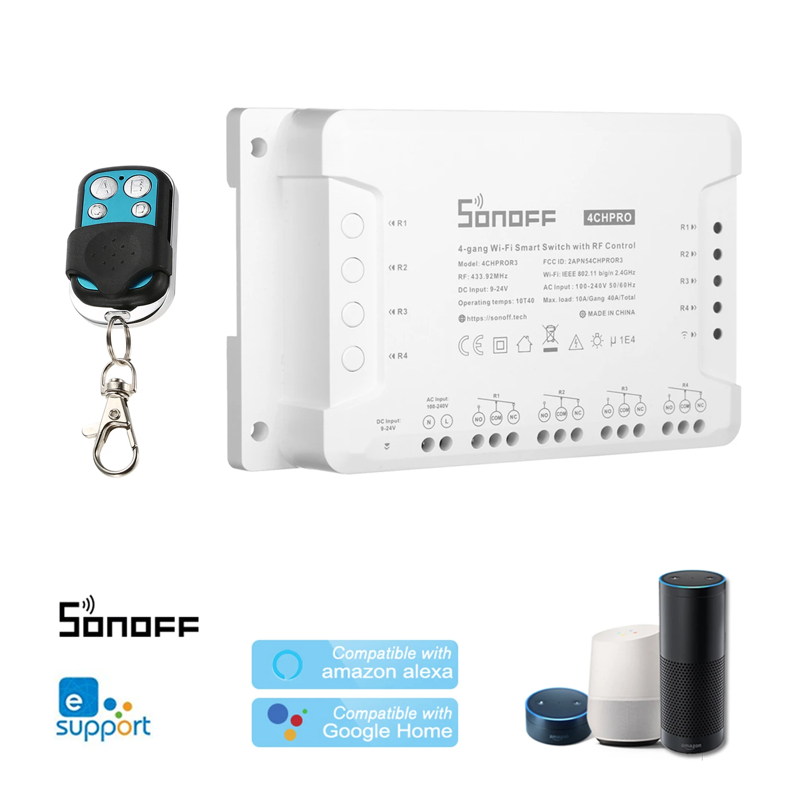 

Интеллектуальный выключатель света Sonoff 4CH Pro R3 4 Каналы DIY 433 МГц RF умный Переключатель 220V автофиксацией/шаговым управлением кирпечей из глин...