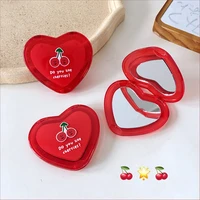 1 pc red cherry pattern heart shaped mini makeup mirror portable pocket mirror double sided folding cosmetic mirror women gifts