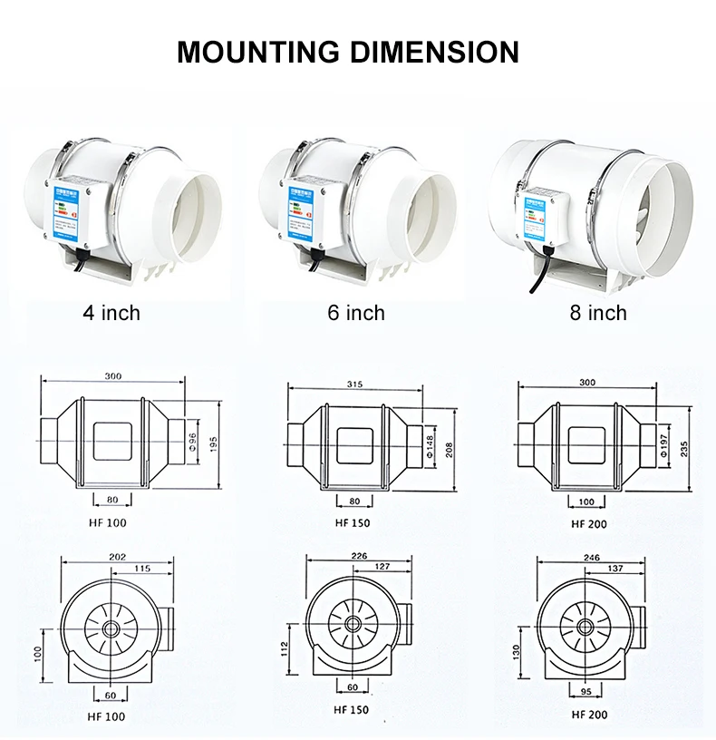 

3"4"6"8" Exhaust Fan Home Silent Inline Pipe Duct Fan Bathroom 220V Extractor Ventilation Kitchen Toilet Wall Air Cleaning