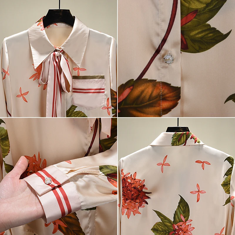 

2021 Spring New Arrival Print Chiffon Blouse Long Sleeve Lace Up Bow Fashion Shirt Elegant Tops