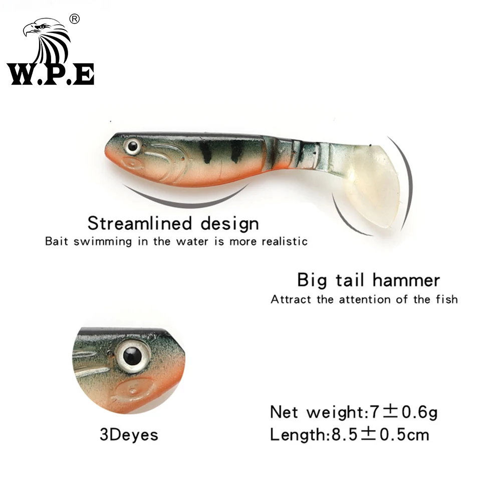 W.P.E Мягкая приманка 85 мм 6 шт./упак. 3D глаза большой Т образный хвост искусственная