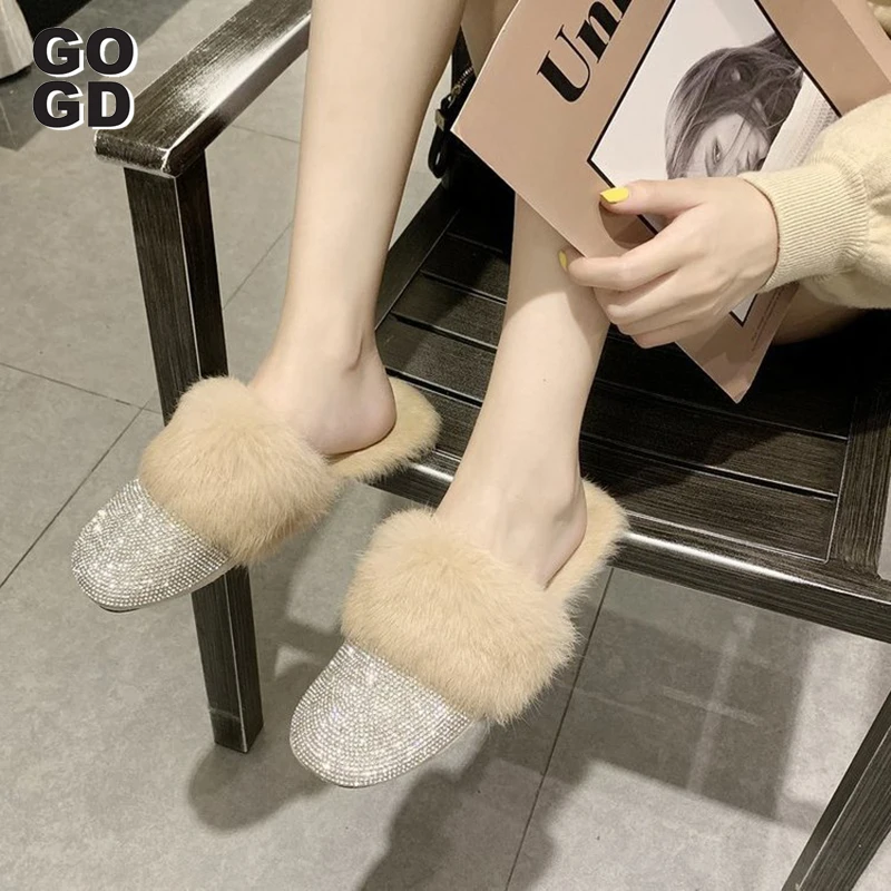 

GOGD/большие размеры; Женские шлепанцы; Роскошная женская домашняя обувь; Коллекция 2022 года; Стразы из кроличьего меха; Женские домашние тапоч...