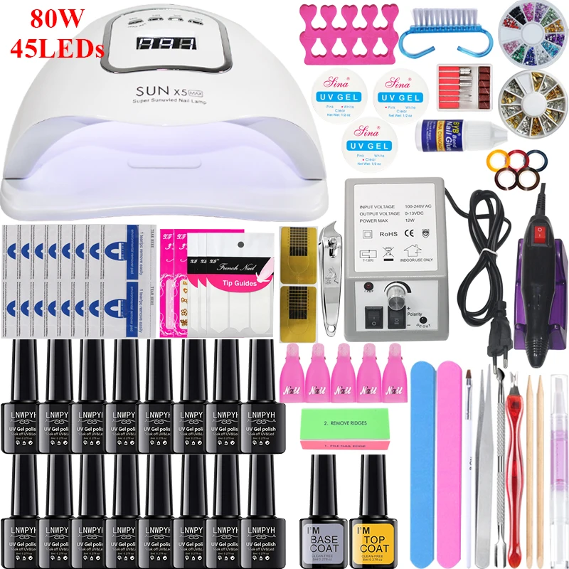 16/10 pcs Nail Gel Polish Set Kit 90/80/54/36W UV LED Lamp Manicure Set Nail Art Salon ForManicure Tools WIth Nail Drill Machine