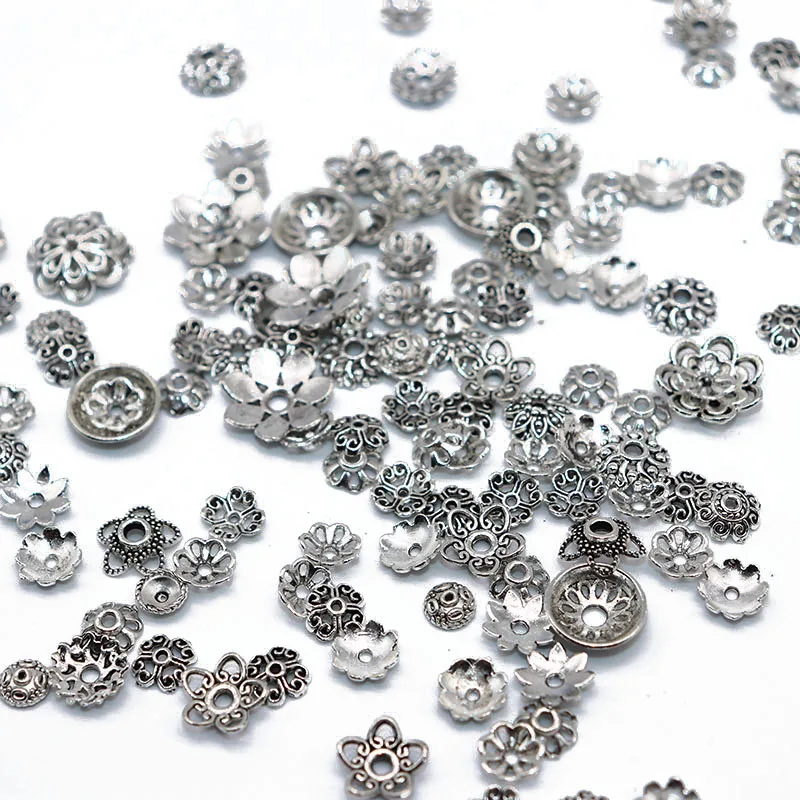 

Wholesale Approx 200pcs/lot Mixed size Zinc Alloy End Caps Antique Silver plated Bead Caps for Jewelry Findings Making