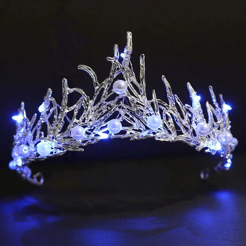 Corona de boda luminosa para mujer, Tiaras y coronas de Reina nupcial, diadema de novia con perlas de luz LED, corona de princesa para cumpleaños de niña