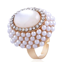 light yellow gold color alloy cat eye stone with rhinestone resizable finger ring imitation pearl jewelry