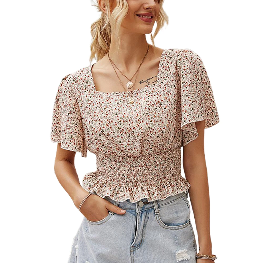 

Fashion Women Short Sleeve Square Neck Tops Elegant Female Tops Summer Beach Holiday Casual T-Shirts Ruffles Sexy Blouse
