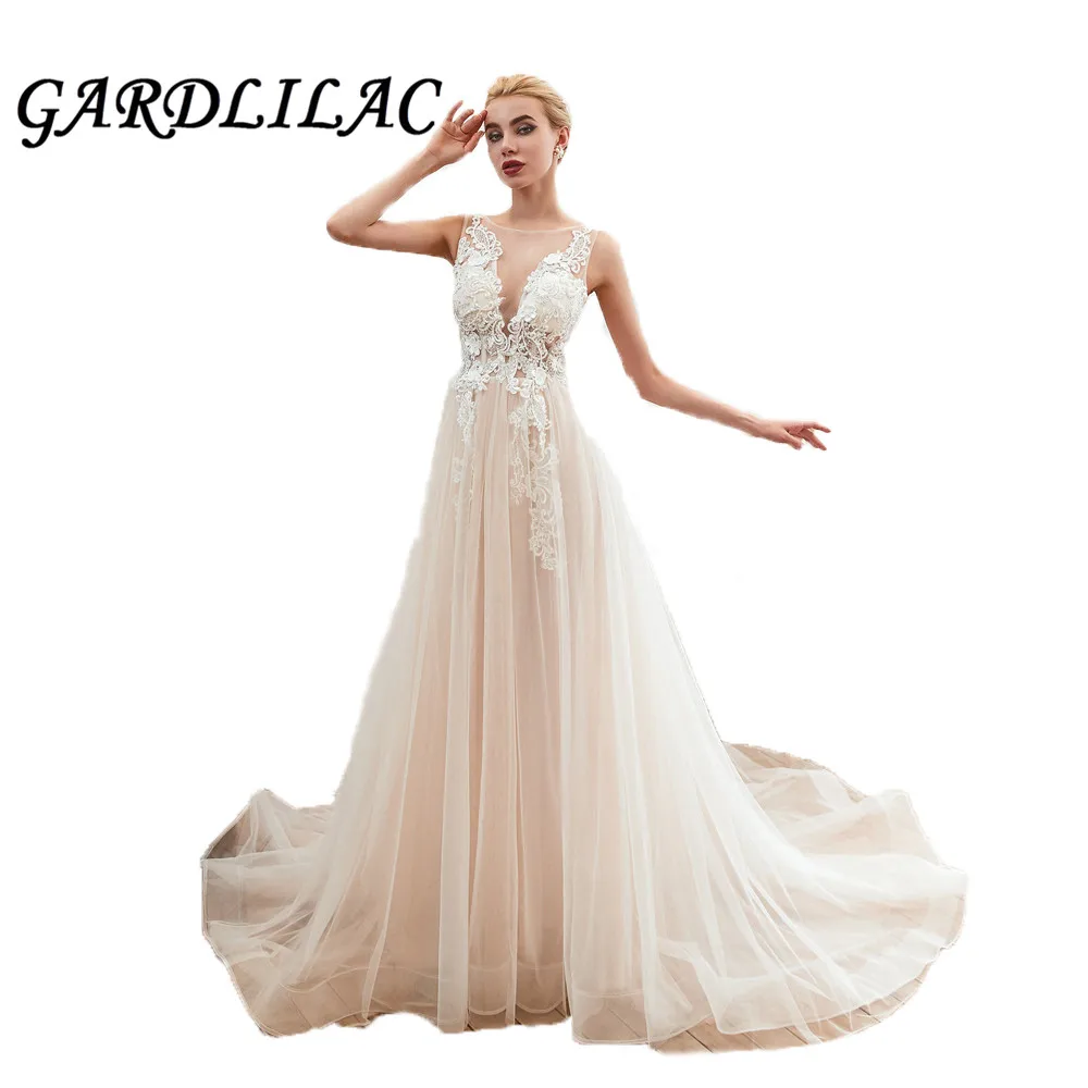 

Gardlilac 2020 Sleeveless White Wedding Dresses V Neck A-line Tulle Lace Applique Vestidos De Novia Bridal Gowns