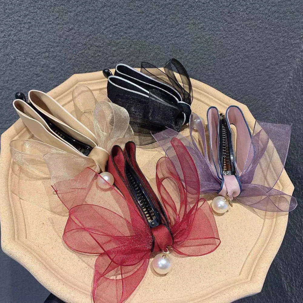 

Sweet Elegant Pearl Solid Girls Korean Ponytail Holder Bow Hairpin Vertical Clip Banana Clip