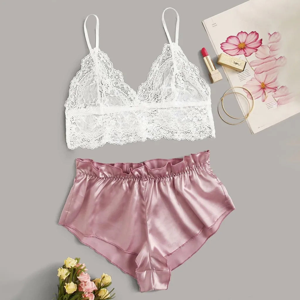 

Sexy Ladies Lace Lingerie Silk Underwear Sleepwear Underwear Pajamas Satin Lingerie Sexy Bra Set Women's Sleepwear Sleeveless #W