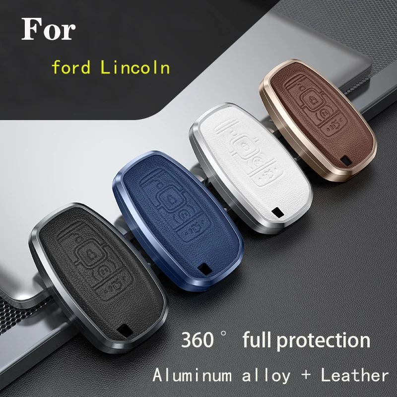 

ZOBIG for Leather+Metal Aluminum Alloy Car Key Cover Case Holder For Lincoln MKZ MKC MKX