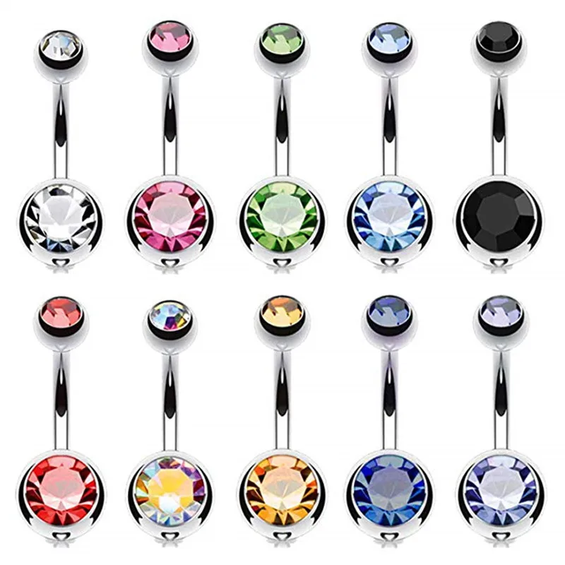 

10 pcs/lot Piercing Surgical Steel Single Crystal Rhinestone Belly Button Rings Navel Body Piercings Ombligo Jewelry