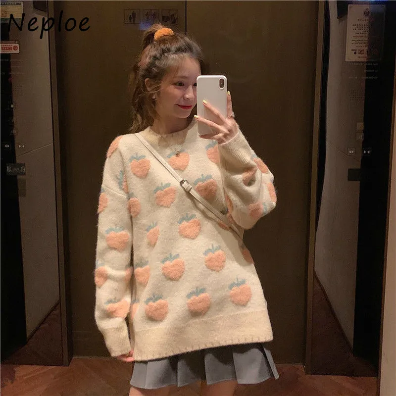 Женский вязаный пуловер Neploe повседневный длинный свитер розового цвета с