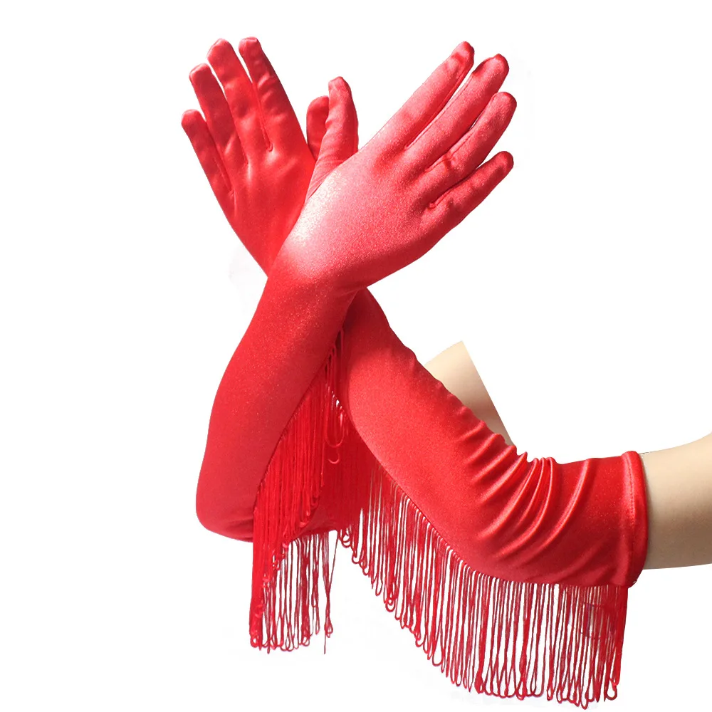 

3 Colors Fashion Black White Red Tassels Long Satin Gloves Women Opera Evening Party Costume Gloves Dance Performance Mittens