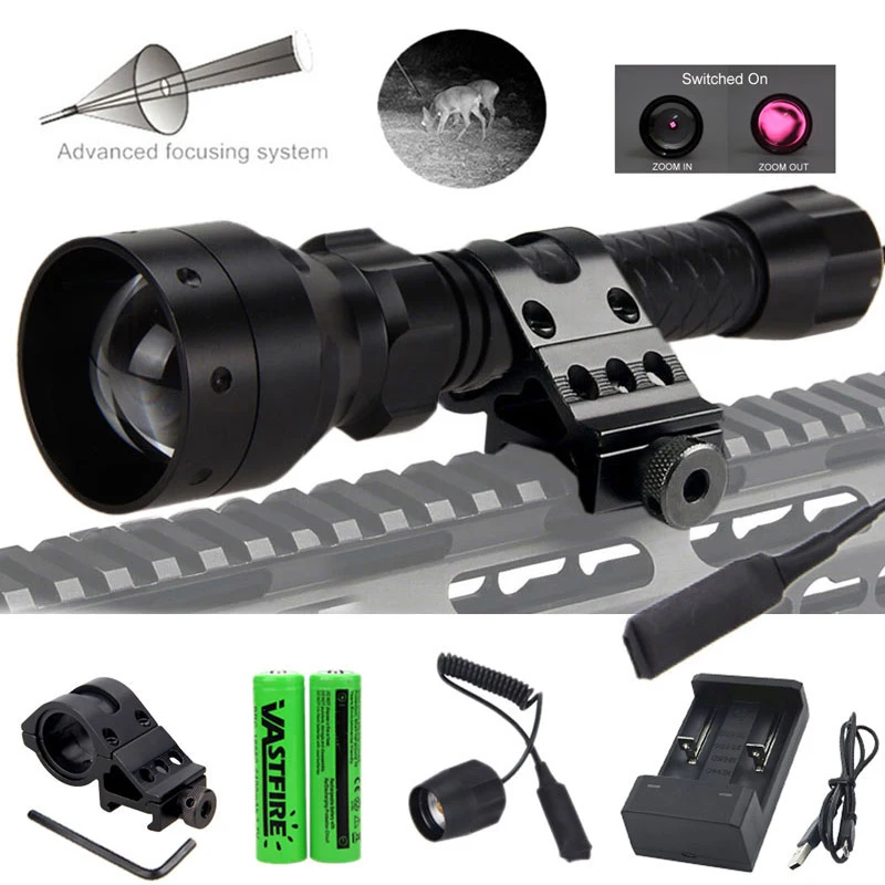 

T50 Zoomable Infrared Light Hunting Torch Black 850nm IR Night Vision illuminator+Rifle Scope Mount+Switch+2*18650+USB Charger
