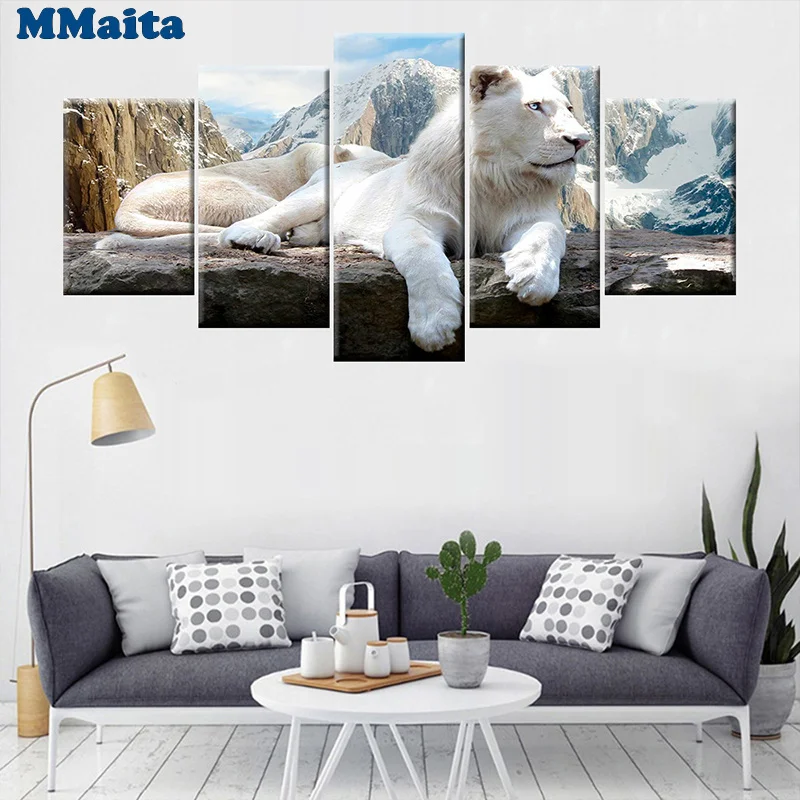 

Алмазная живопись с белым львом, Набор для вышивки крестиком 5D, квадратный и круглый узор, мозаика с животными, 5 шт., GG5356